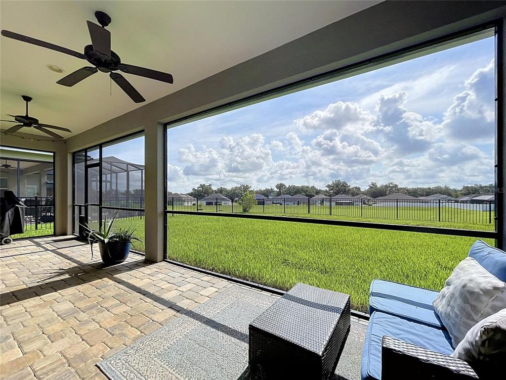 The rear exterior of a single-story house with a screened-in patio and a grassy lawn — 6104 HIGHLANDS GRACE BOULEVARD, LAKELAND, FL