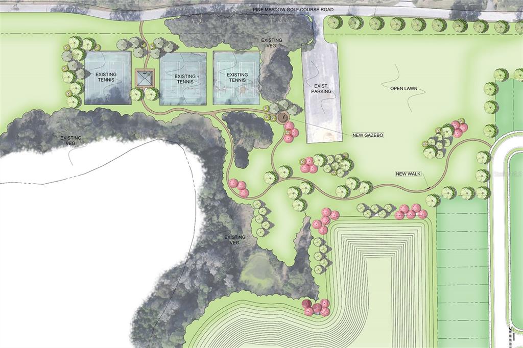 This is a site plan rendering showing tennis courts, a parking area, and a new gazebo — 2094 TOWN PASTURE DRIVE, EUSTIS, FL