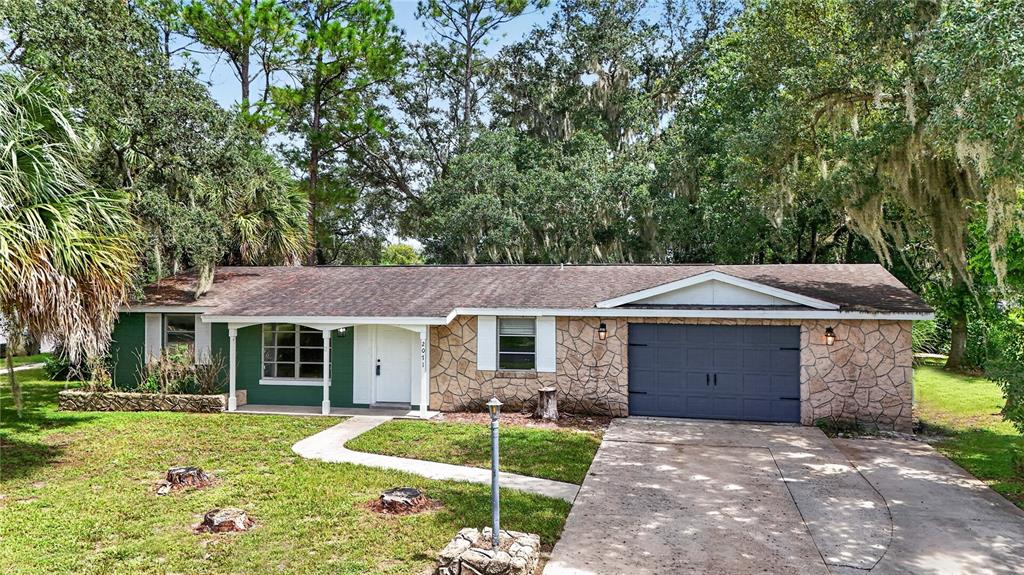 A sidewalk leads through a yard with palm trees and tree stumps toward a house — 2071 CANAL ROAD, DELTONA, FL