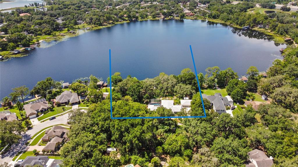 An aerial view of a grassy lakeshore with a boat dock and dense surrounding trees — 5701 CROSS FOX LANE, OVIEDO, FL