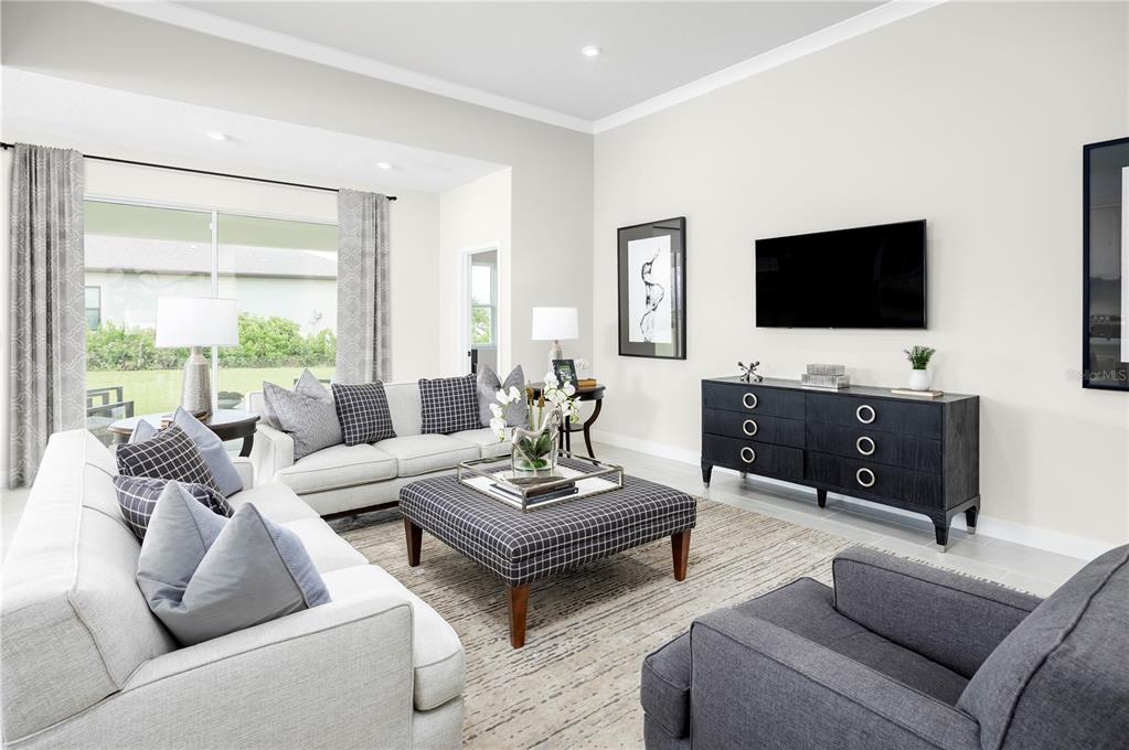 A living room features light gray sofas, a plaid ottoman, and a dark media console — 14413 WOODLAND PRESERVE TRAIL, PARRISH, FL