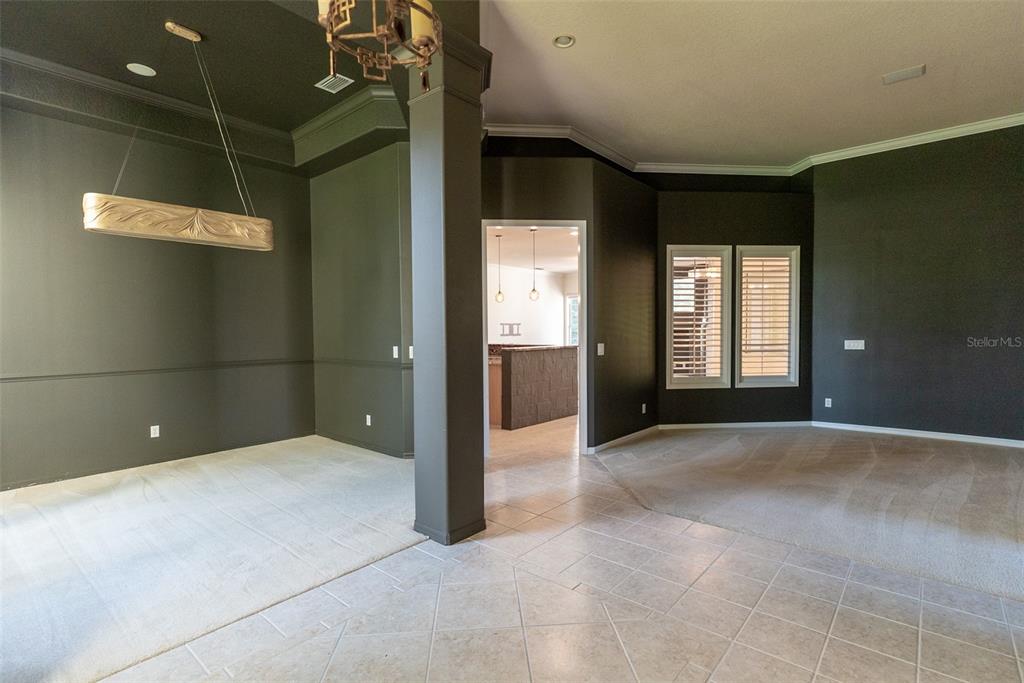 A dining area with dark walls and a light fixture connects to a carpeted living space — 4818 SE 11TH PLACE, OCALA, FL