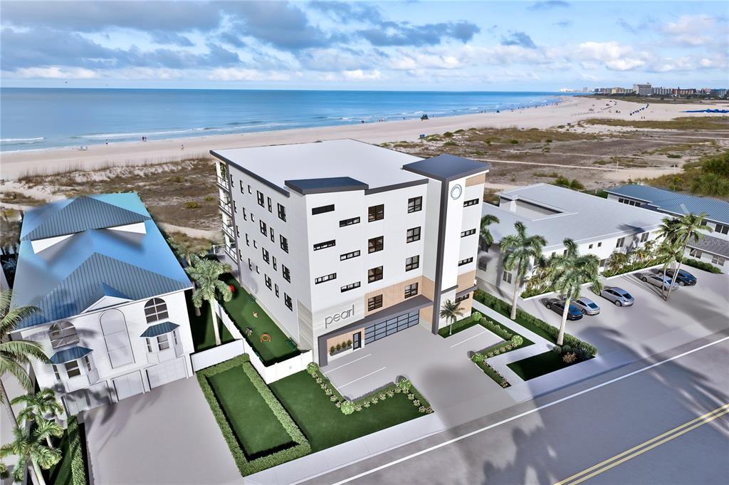This is a digital rendering of a modern multi-story apartment building located near the beach — 10126 GULF BOULEVARD UNIT PH2, TREASURE ISLAND, FL