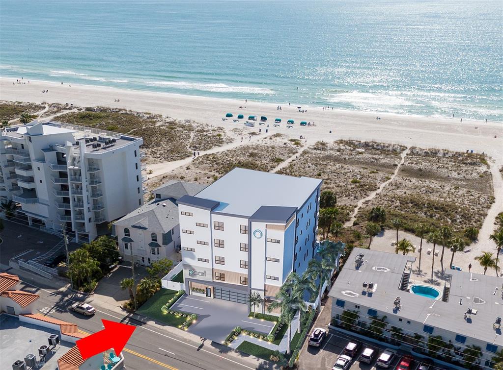 This is a rendering of a multi-story building labeled Pearl located near a sandy beach — 10126 GULF BOULEVARD UNIT PH2, TREASURE ISLAND, FL