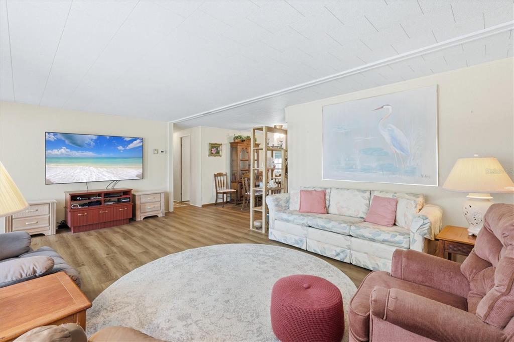 A living room features wood-look flooring, a floral sofa, a television, and a round rug — 1407 41ST AVENUE E, ELLENTON, FL
