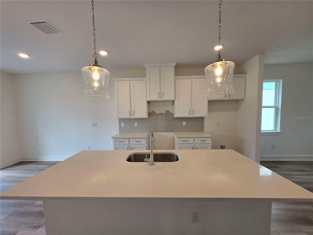 A kitchen features a large island with a sink, white cabinetry, and pendant lighting — 3836 DAYBREAK RUN LOOP, SPRING HILL, FL