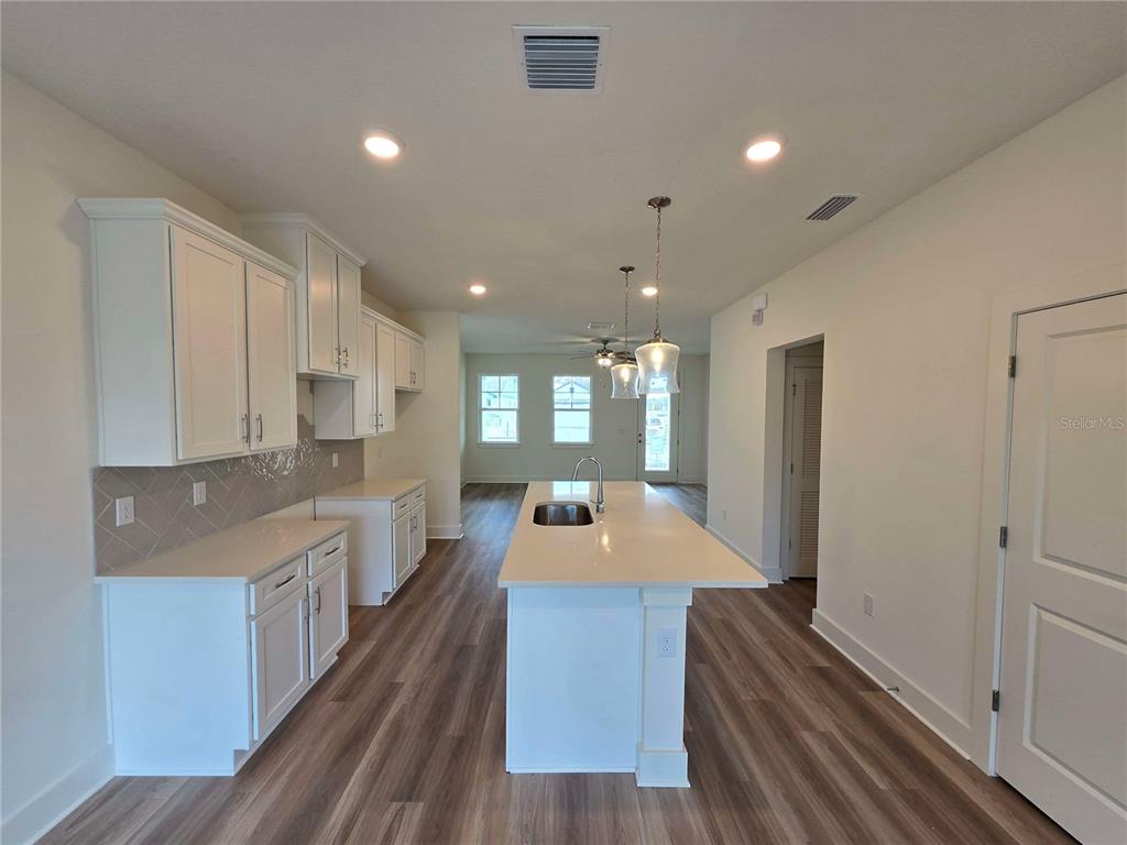 A kitchen features white cabinets, a central island with a sink, and wood-look flooring — 3836 DAYBREAK RUN LOOP, SPRING HILL, FL