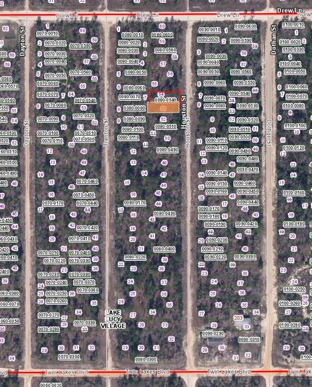 This is a map showing a highlighted land parcel within a residential subdivision — 00 HOUSTON, INTERLACHEN, FL