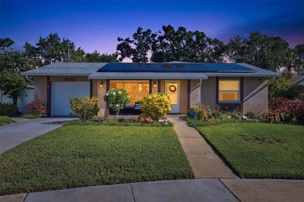 A single-story house with a solar panel roof, a front lawn, and a concrete walkway — 8037 POWDER HORN CIRCLE, LARGO, FL