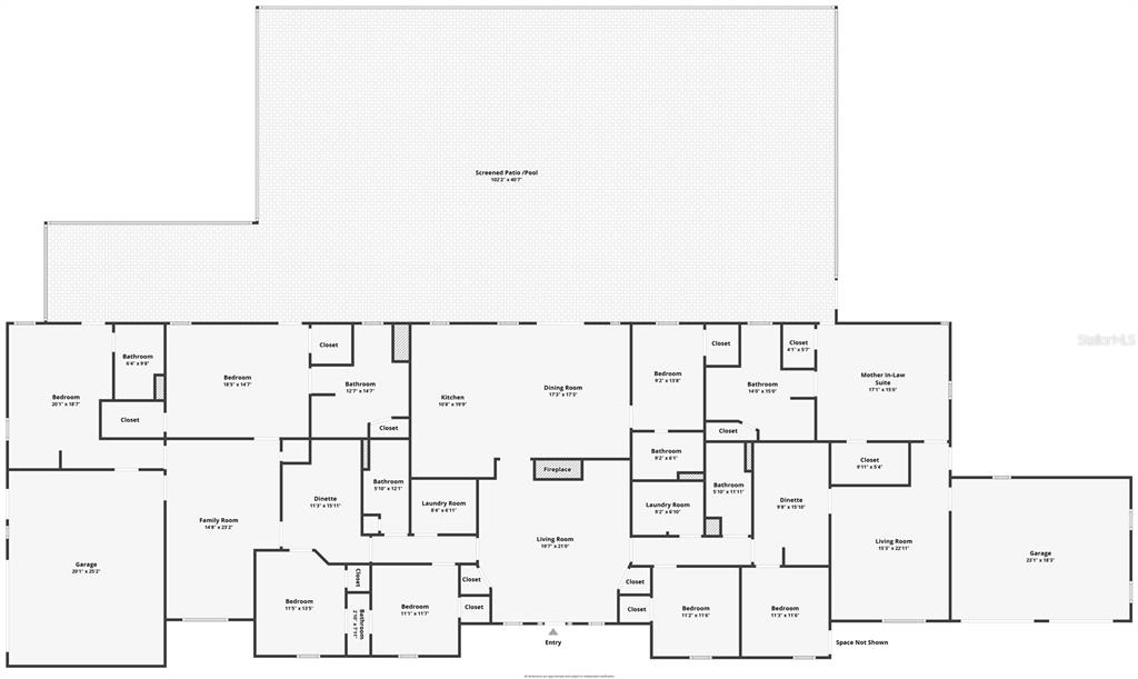 This is a floor plan of a large house with multiple bedrooms, garages, and a patio — 2300 PINE MEADOWS PLACE, CHULUOTA, FL
