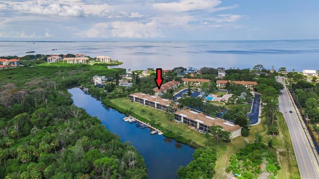 A wooden deck overlooks a grassy yard, a small canal, and a line of trees — 1673 SEASCAPE CIRCLE UNIT 102, TARPON SPRINGS, FL