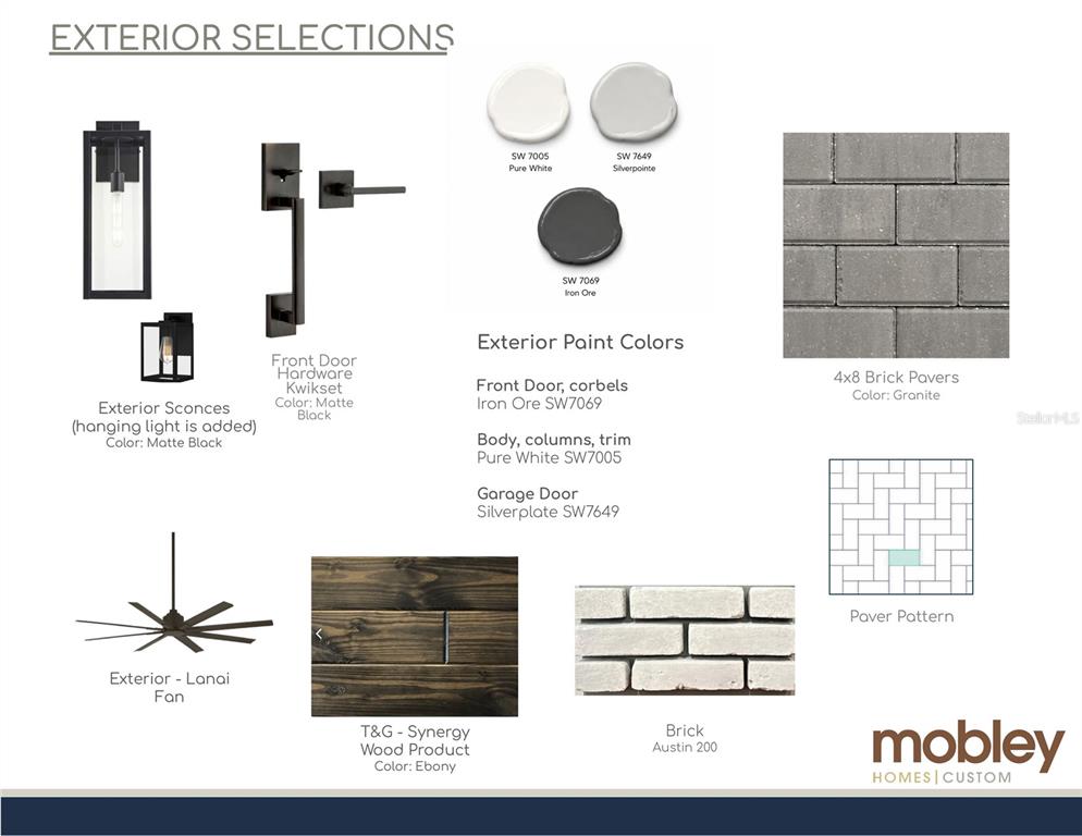 This image is a design board showing interior paint, flooring, door, and hardware selections — 4110 W SAN LUIS STREET, TAMPA, FL