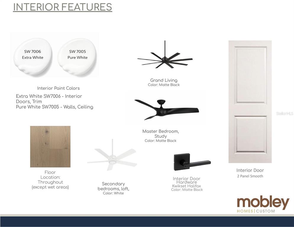 This design board displays trim, two chandeliers, and flooring samples for a dining room and foyer — 4110 W SAN LUIS STREET, TAMPA, FL