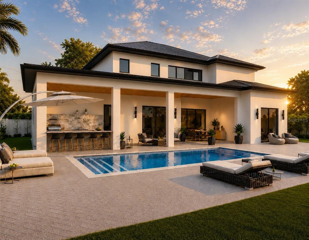 This is a digital rendering of a modern house exterior featuring a pool and patio — 2122 WALDEMERE STREET, SARASOTA, FL
