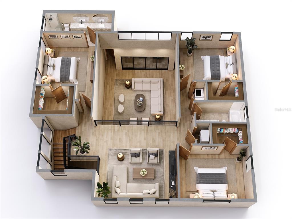 This is a 3D floor plan rendering of a three-bedroom apartment with a central living area — 2122 WALDEMERE STREET, SARASOTA, FL