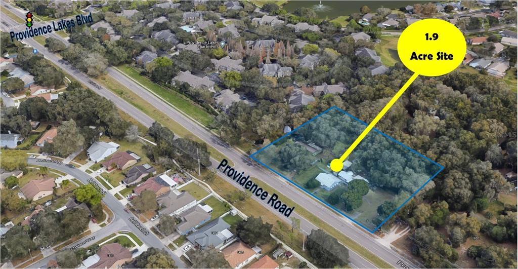 An aerial view shows a 1.9-acre site outlined in blue along a road — 1828-1840 PROVIDENCE ROAD, BRANDON, FL