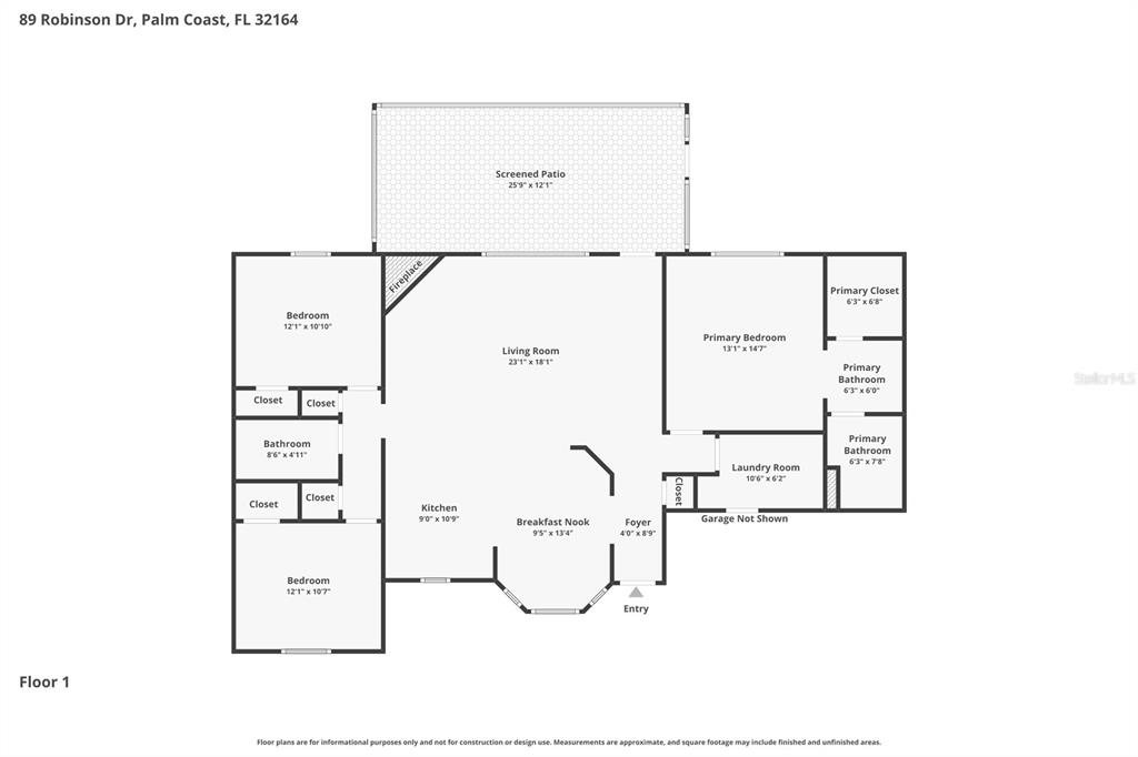 This is a floor plan for a single-story house with three bedrooms and a patio — 89 ROBINSON DRIVE, PALM COAST, FL