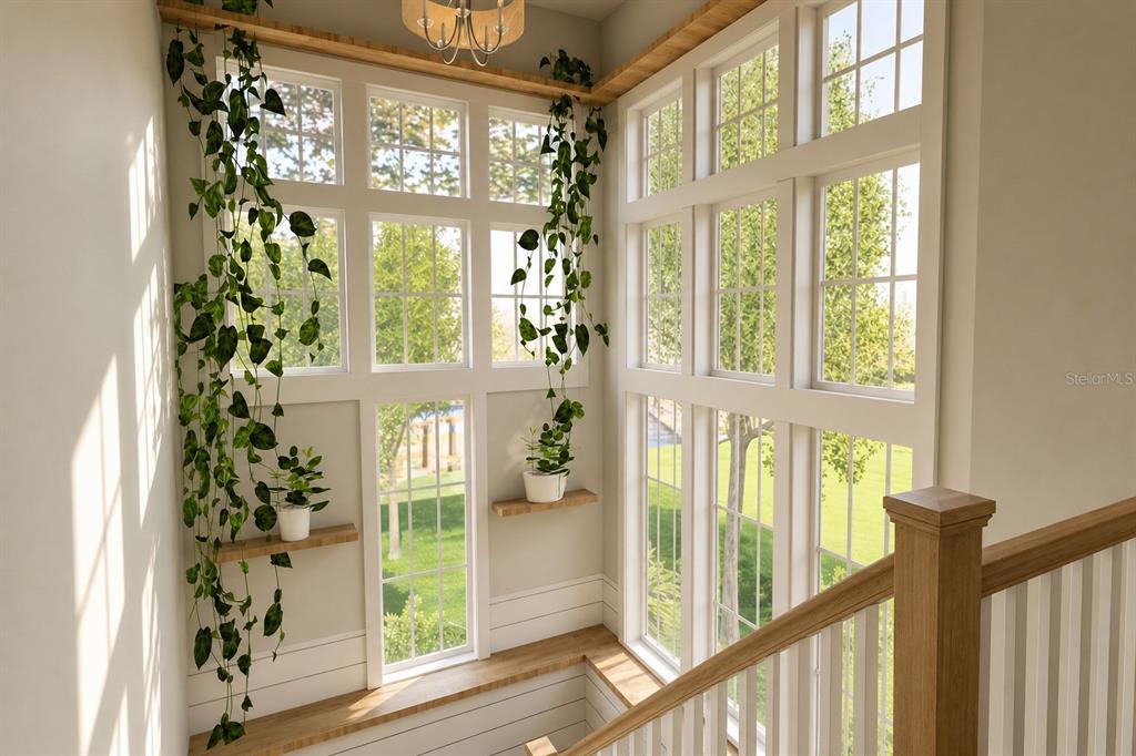 This is a rendering of a staircase landing featuring large windows, wooden shelves, and hanging plants — 0000 SE 4TH AVENUE, CRYSTAL RIVER, FL