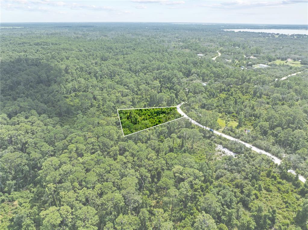 An aerial view shows a trapezoidal plot of land highlighted in a dense forest — 2641 BEAR RUN S, FROSTPROOF, FL