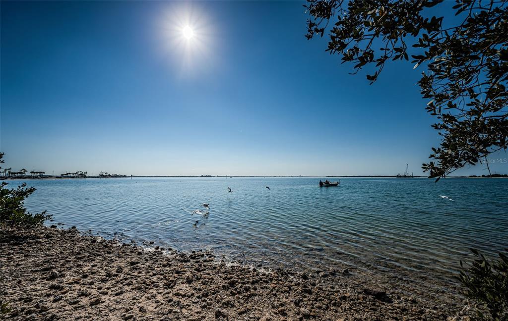 A rocky shoreline overlooks a calm bay under a bright sun with a small boat — 2 CAUSEWAY BOULEVARD UNIT 208, DUNEDIN, FL