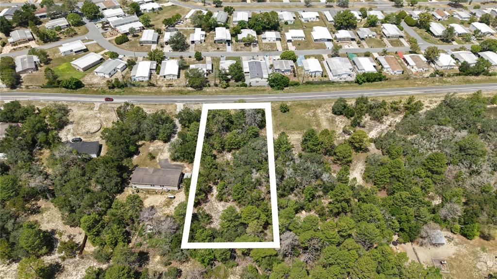 An aerial view shows a rectangular vacant lot outlined in white surrounded by wooded land — WEEPING WILLOW STREET, BROOKSVILLE, FL