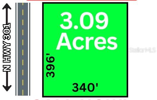 This is a map rendering showing a rectangular 3.09-acre lot adjacent to N Hwy 301 — 18011 N US HWY 301, CITRA, FL
