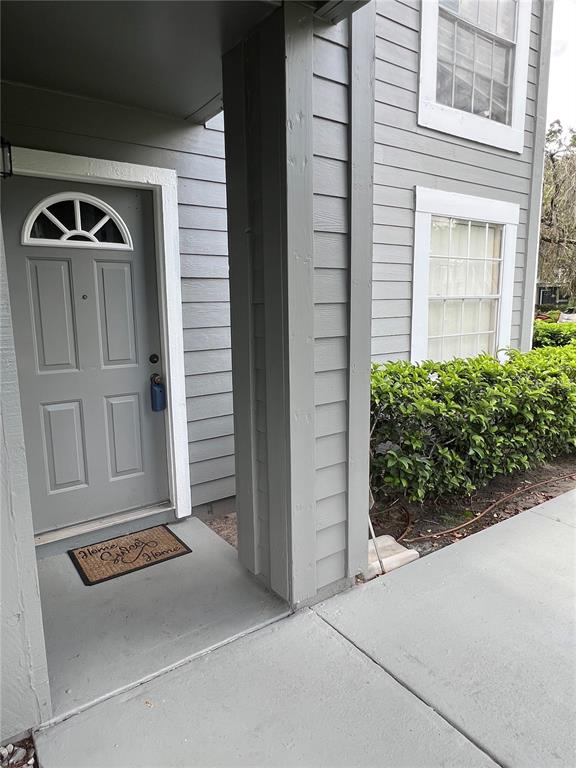 A gray front door with a small arched window sits beside a gray-sided building exterior — 11940 SKYLAKE PLACE UNIT 11940-A, TEMPLE TERRACE, FL