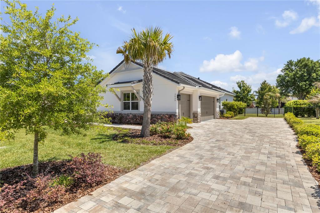 A single-story house with a paved driveway, palm tree, and white exterior with stone accents — 3055 ISOLA BELLA BOULEVARD, MOUNT DORA, FL