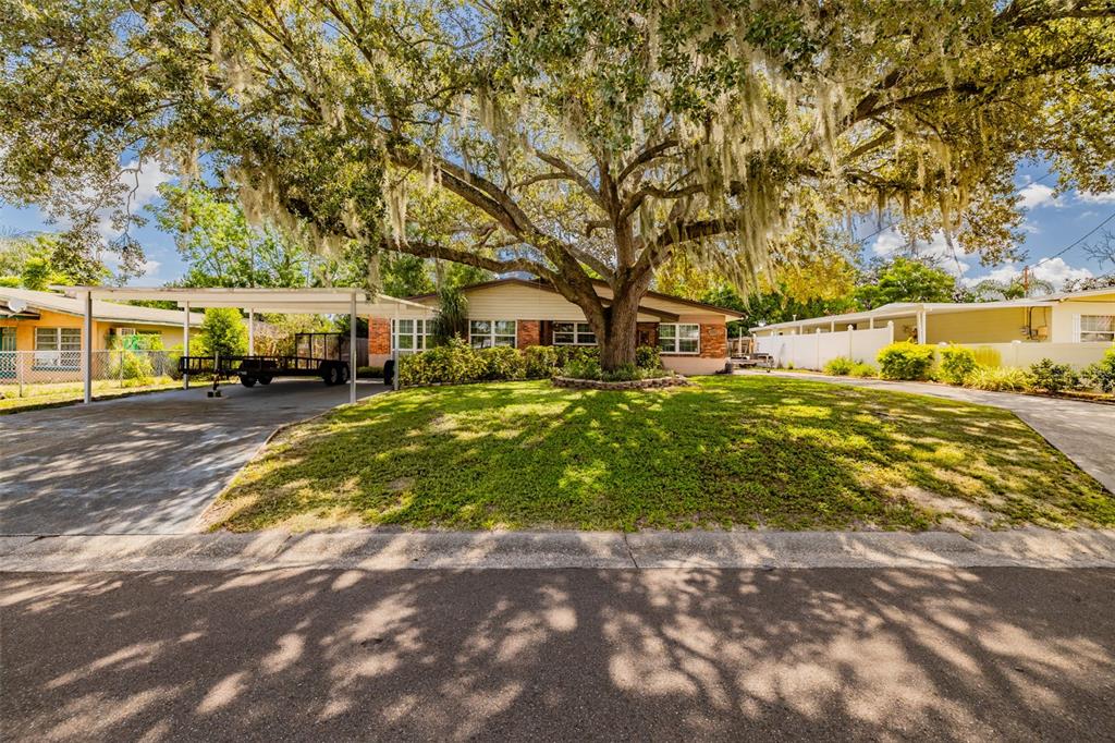 A single-story house with a large oak tree, carport, and front lawn under a blue sky — 1205 W CAMELLIA DRIVE, BRANDON, FL