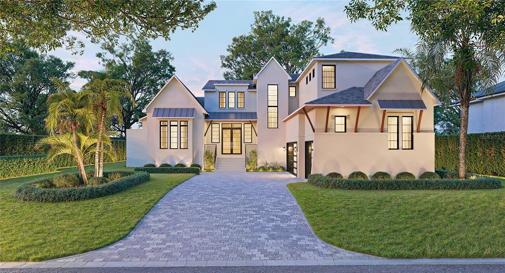 This image shows a rendering and floor plans for a two-story residential home design — 1395 HARBOR DRIVE, SARASOTA, FL
