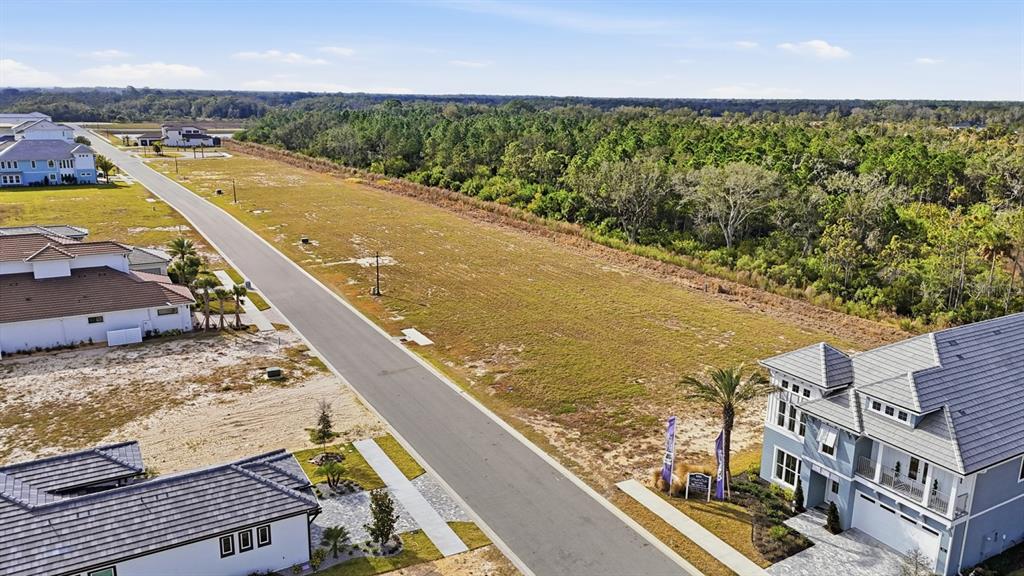An aerial view shows a paved street lined with new houses and vacant residential lots — 87 CORONADO ROAD, FLAGLER BEACH, FL