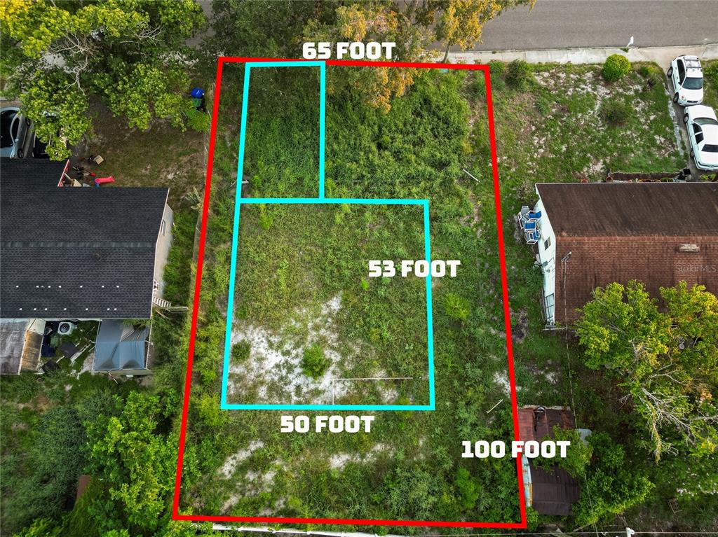 This aerial view shows a vacant residential lot with property boundaries and dimensions overlaid — 6114 W AMELIA STREET, ORLANDO, FL