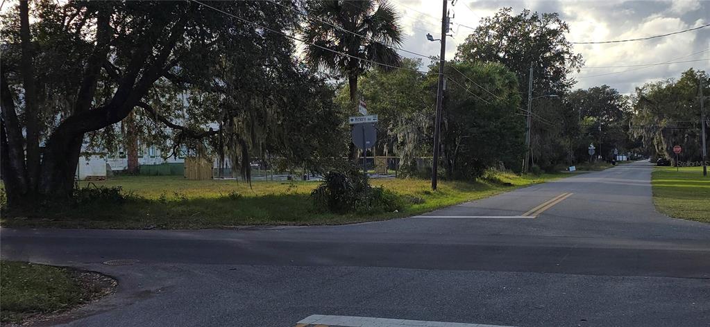 A paved road intersection features a street sign, large trees, and an open grassy lot — E 11TH STREET, SANFORD, FL