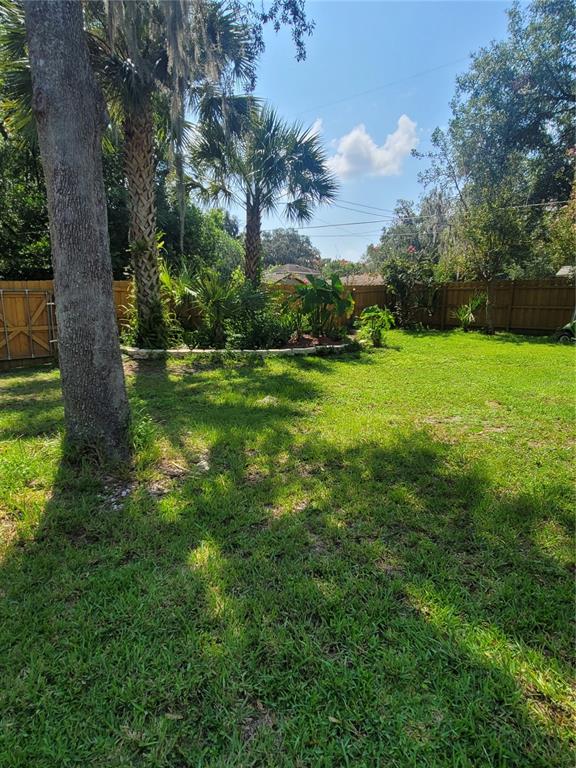 A grassy backyard features a stone-bordered garden bed with palm trees and a wooden fence — 962 NE 5TH STREET, OCALA, FL