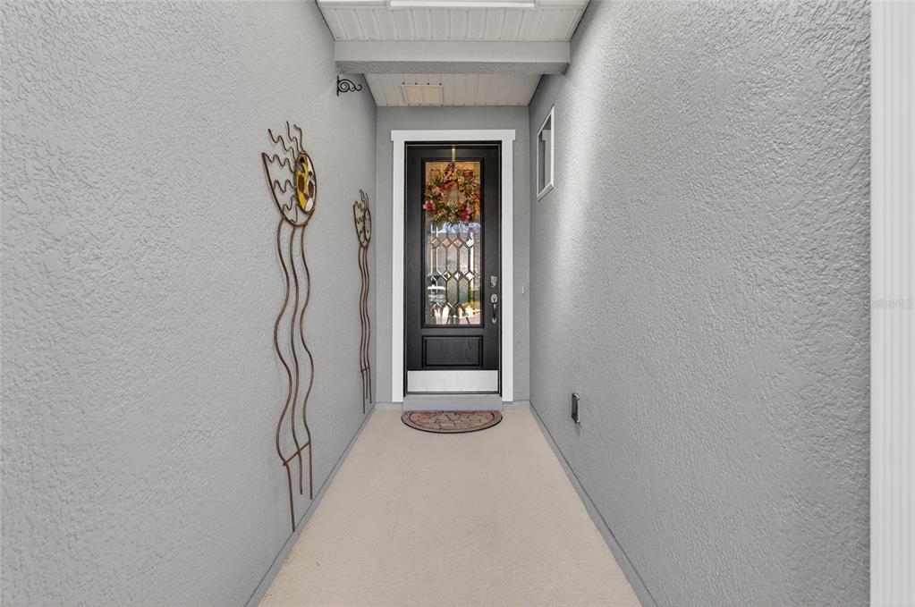 A covered entryway features a black front door with a glass insert and decorative wall art — 329 SILVER MAPLE ROAD, GROVELAND, FL