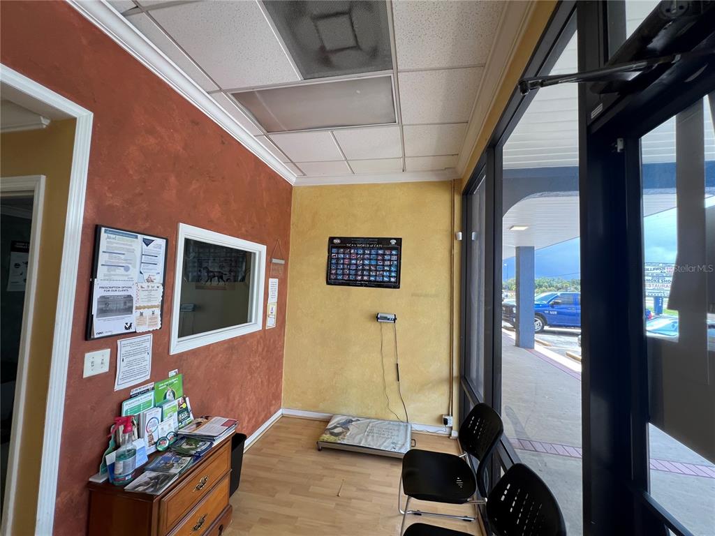 A waiting area with a wooden cabinet, chairs, a cat breed poster, and glass doors — 1810 STATE ROAD 436, WINTER PARK, FL