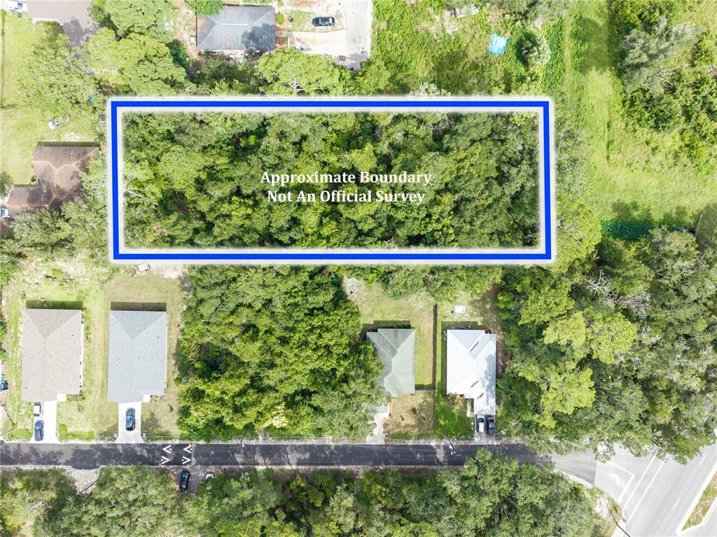An aerial view shows a rectangular, wooded vacant lot outlined in blue near residential houses — 319 SE 20TH STREET, GAINESVILLE, FL