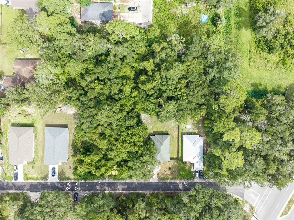 An aerial view shows several houses surrounded by dense trees along a paved road — 319 SE 20TH STREET, GAINESVILLE, FL