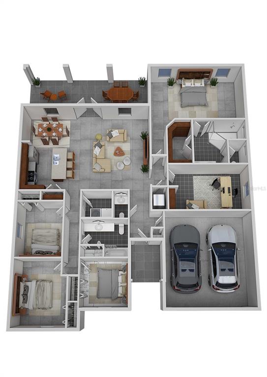 This is a 3D floor plan rendering of a single-story home with a two-car garage — 900 LAVA STREET SE, PALM BAY, FL