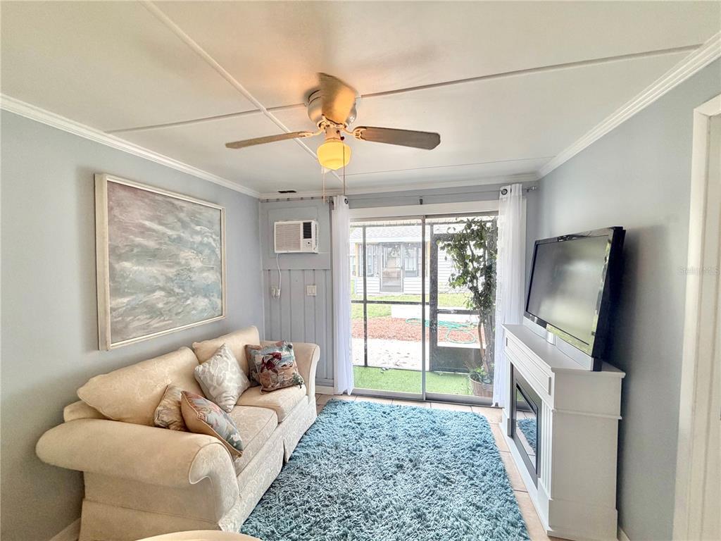 A living room features a sofa, a fireplace with a television, and a sliding glass door — 10301 US HIGHWAY 27 UNIT 192, CLERMONT, FL