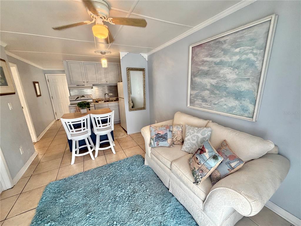 A living room with a sofa and rug opens to a kitchen with a breakfast bar — 10301 US HIGHWAY 27 UNIT 192, CLERMONT, FL