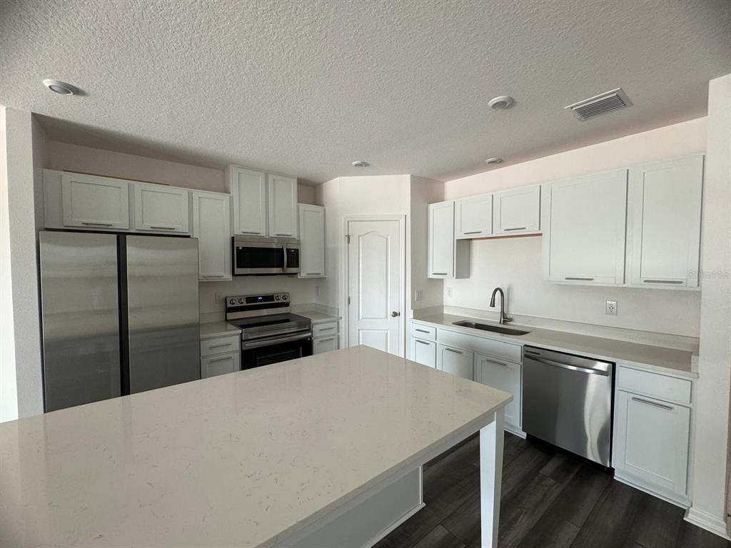 A kitchen features white cabinets, stainless steel appliances, a large island, and dark wood flooring — 10777 IRONWOOD TREE WAY, SAN ANTONIO, FL