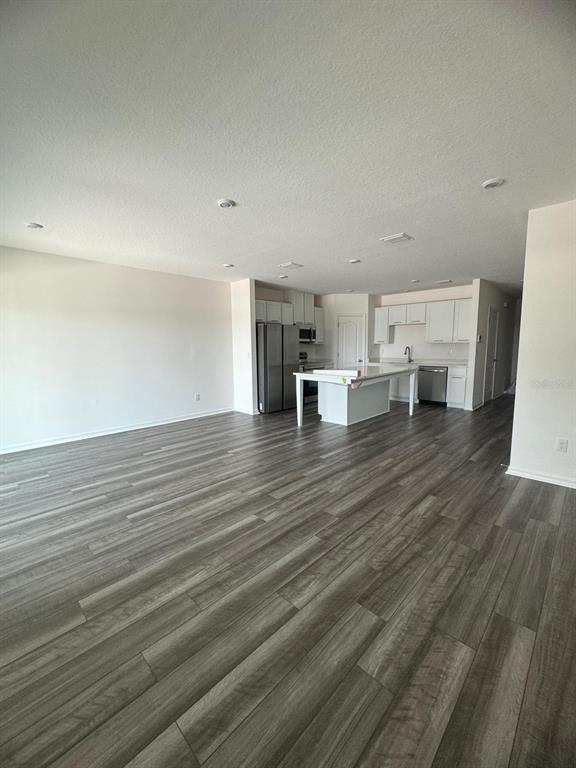 An open-concept kitchen and living area features white cabinetry, a center island, and wood-look flooring — 10777 IRONWOOD TREE WAY, SAN ANTONIO, FL