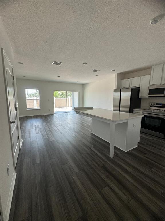 An open-concept kitchen and living area features wood-look flooring, white cabinetry, and a center island — 10777 IRONWOOD TREE WAY, SAN ANTONIO, FL