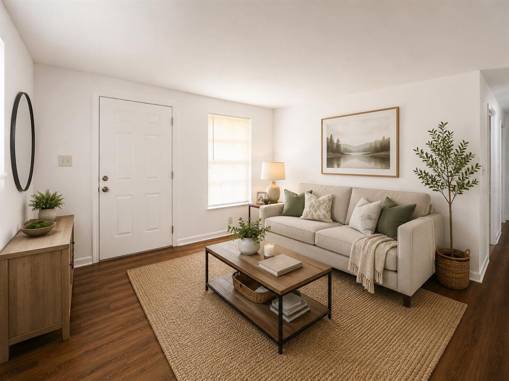 A living room features a beige sofa, a wooden coffee table, and a large area rug — 2318 E 111TH AVE, TAMPA, FL