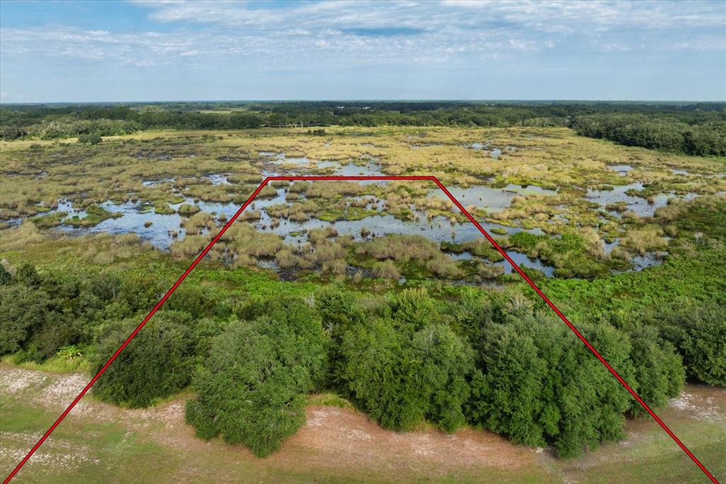 An aerial view shows a plot of land featuring a grassy foreground and a marshy wetland — EAGLE RUN Lot #15, GROVELAND, FL
