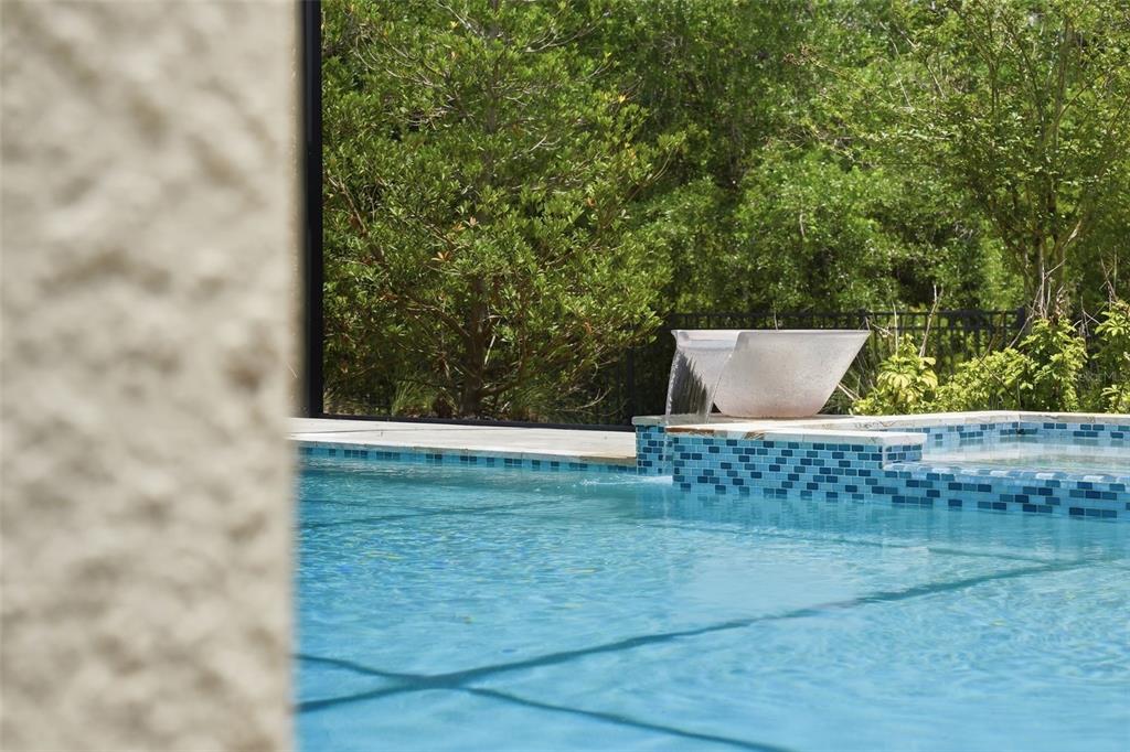 A swimming pool with a tiled spillover spa and a modern water feature bowl — 7224 GRAYBROOK DRIVE, WESLEY CHAPEL, FL