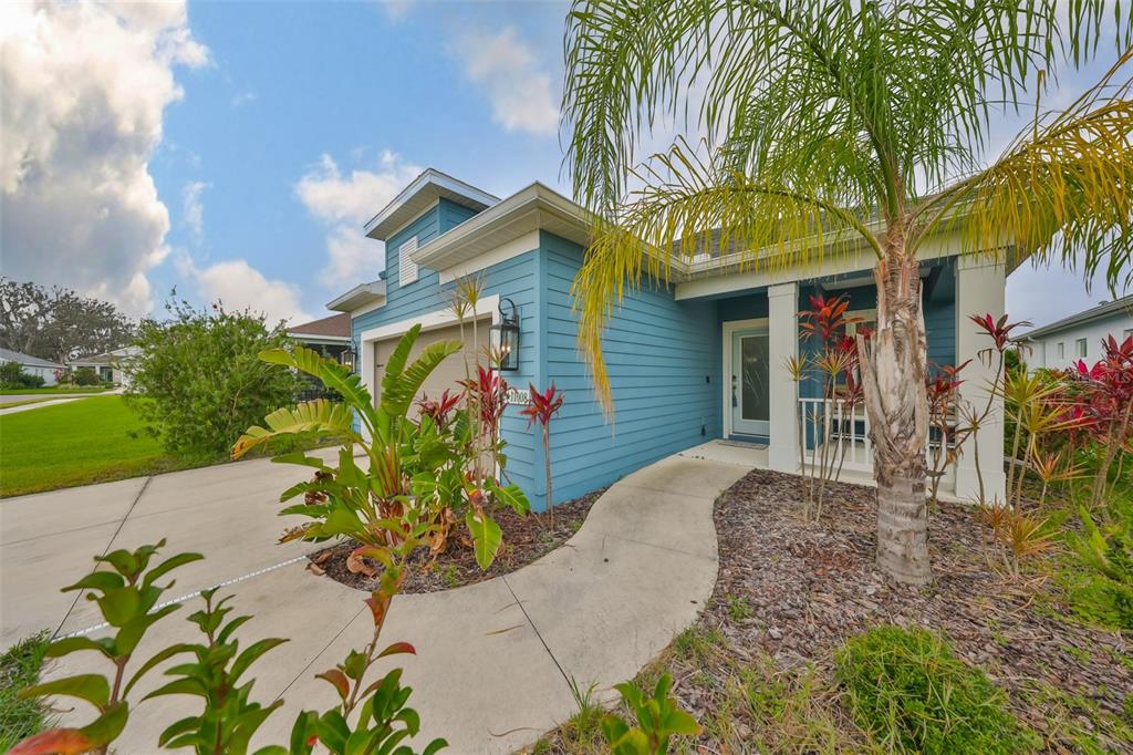 A blue house with a concrete walkway, a palm tree, and a driveway — 11008 SAND PINE LANE, PARRISH, FL