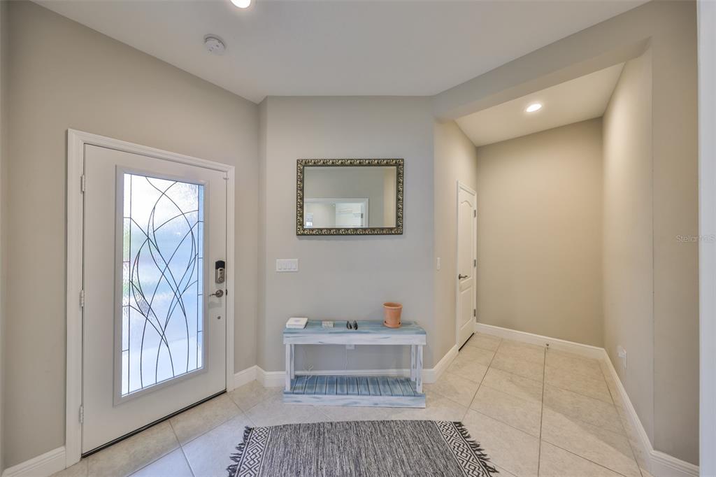 An entryway features a white front door with glass, a console table, and a mirror — 11008 SAND PINE LANE, PARRISH, FL