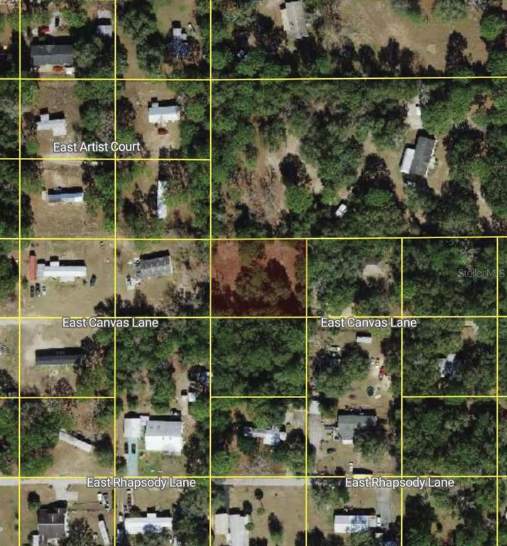 This is an aerial map view showing several residential lots and streets — 1163 E CANVAS LANE, HERNANDO, FL